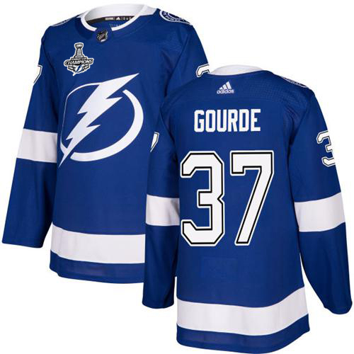 Men Adidas Tampa Bay Lightning #37 Yanni Gourde Blue Home Authentic 2020 Stanley Cup Champions Stitched NHL Jersey->tampa bay lightning->NHL Jersey